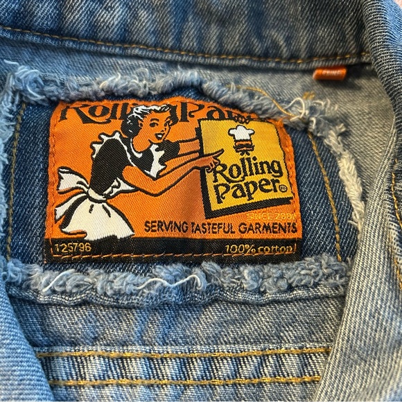 Rolling Paper blue denim distressed button up vest size M frayed edges - Picture 3 of 8